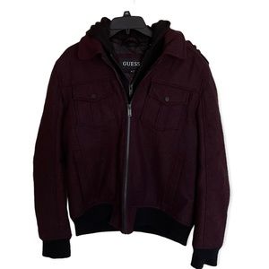 Mens Detachable Lined Hooded Maroon Jacket by Guess